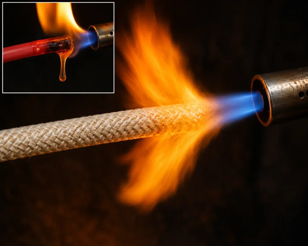 GN500 mica fiberglass wire direct flame test heat resistant vs PVC melting comparison