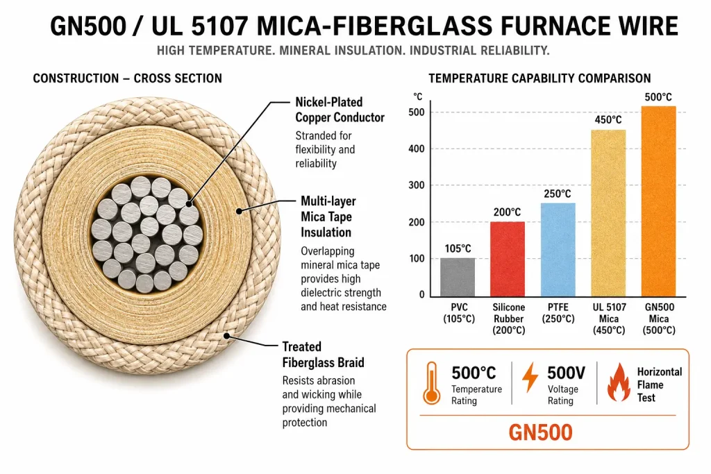 GN500 UL 5107 mica wire cross-section nickel copper temperature rating comparison