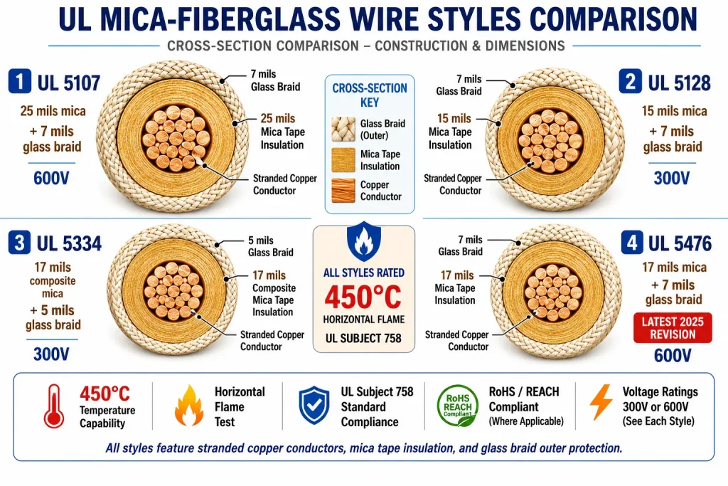 UL 5107 5128 5334 5476 mica wire cross-section insulation wall comparison diagram
