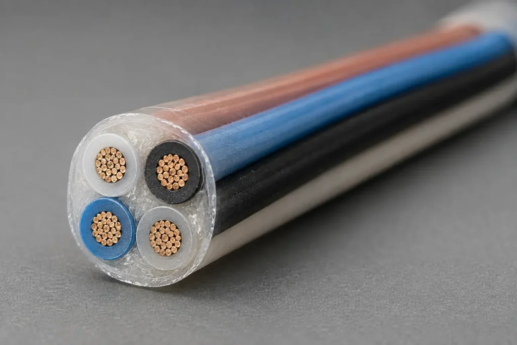 Macro cross-section of multi-core PFA cable showing individual fluoropolymer-insulated conductor cores bundled together