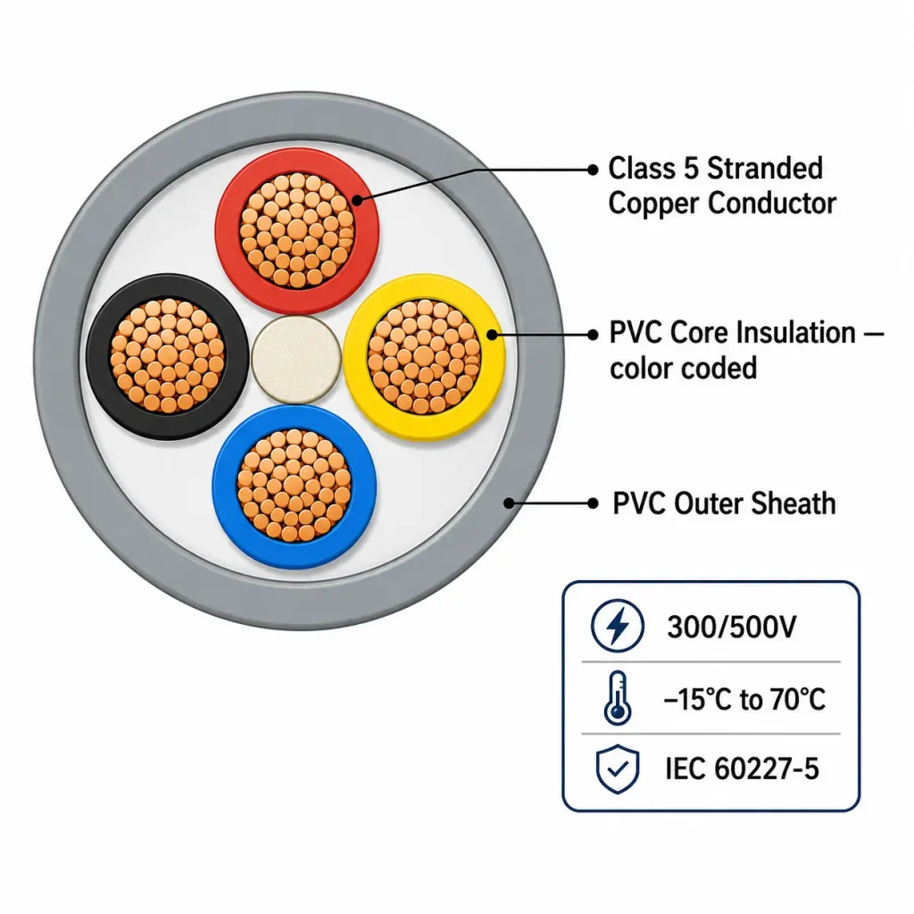 RVV 5-core PVC control cable cross-section diagram color coded cores IEC 60227