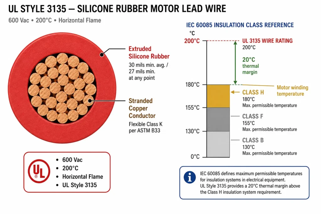 UL Style 3135 silicone motor lead wire IEC Class H 180°C 200°C thermal margin diagram