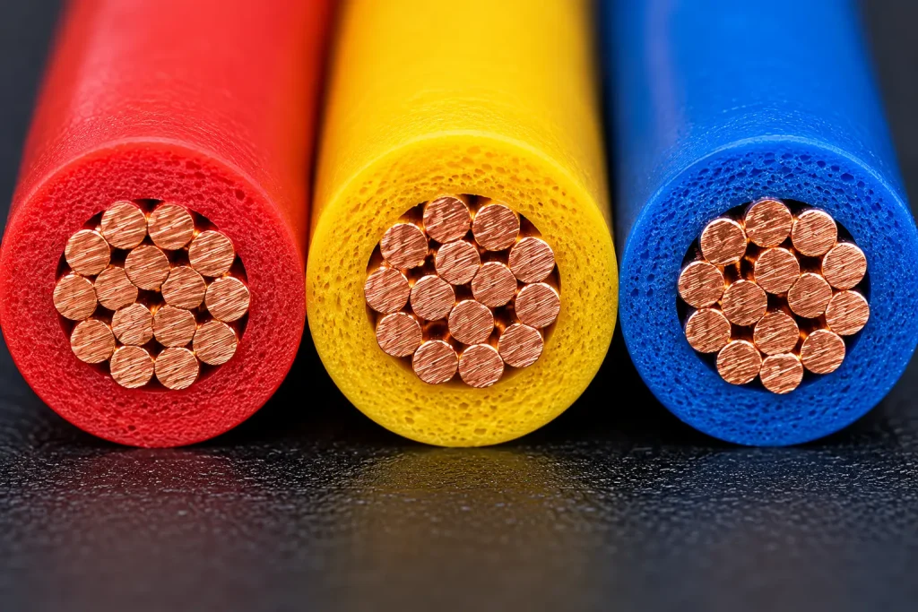 Macro cross-section UL 3135 silicone rubber motor lead wire red yellow blue 200°C