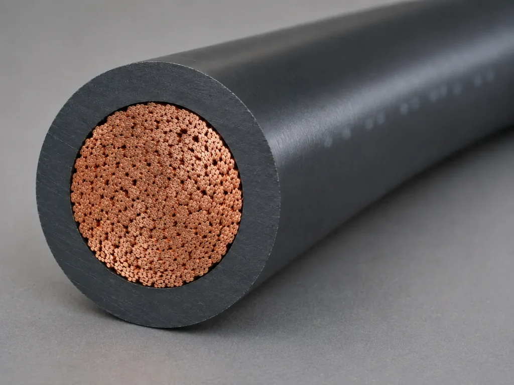 Macro cross-section of UL 1032 2 AWG PVC power wire showing stranded conductor and thick extruded PVC wall