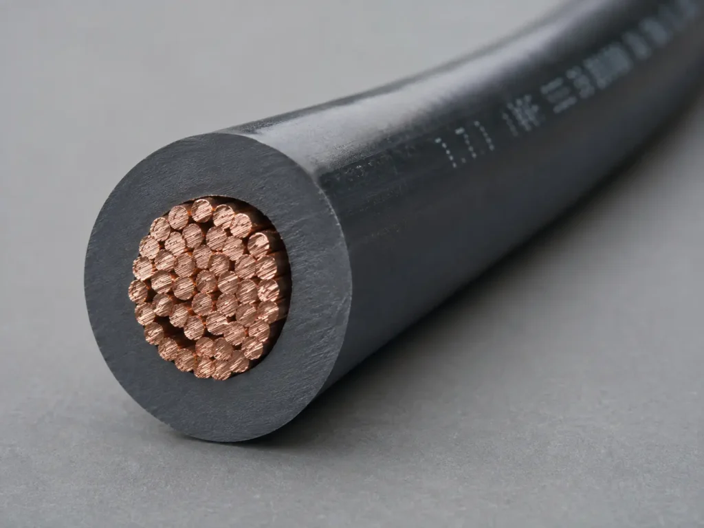 Macro cross-section of UL 1283 8 AWG PVC power wire showing stranded conductor and thick extruded PVC wall