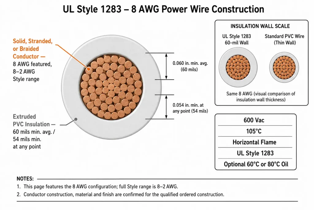 UL Style 1283 8 AWG PVC wire cross-section diagram showing conductor and 60 mil insulation wall