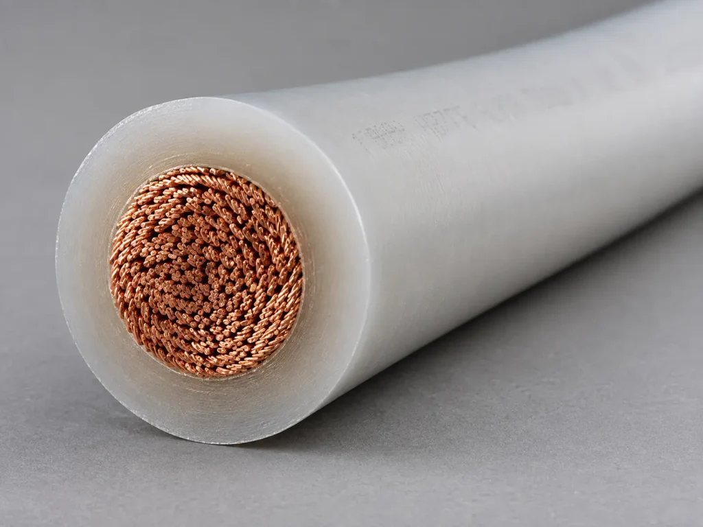 Macro cross-section of UL 1330 4 AWG FEP power wire showing stranded conductor and thick extruded FEP wall