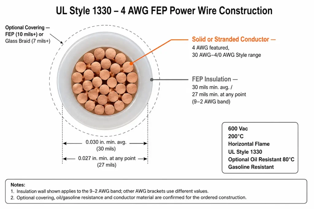 UL Style 1330 4 AWG FEP wire cross-section diagram showing conductor, 30 mil FEP insulation, and optional covering