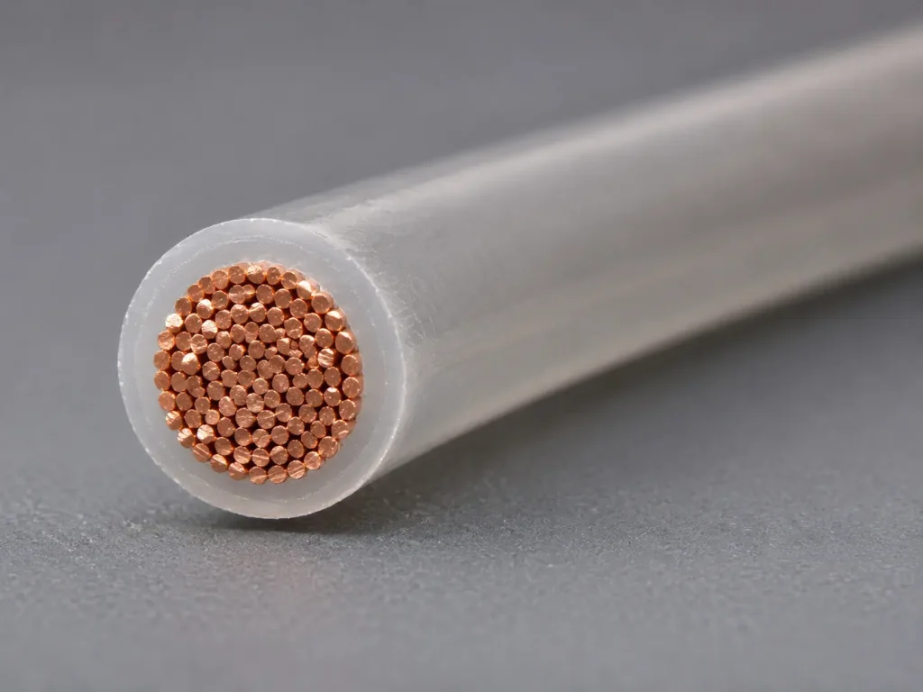 Macro cross-section of UL 1538 back panel wire showing conductor and thin extruded fluoropolymer insulation wall