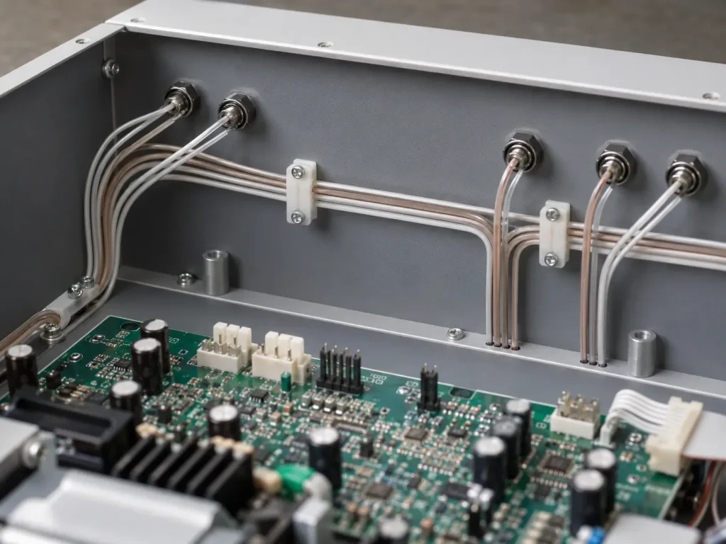UL 1538 fluoropolymer wire routed in protected static back panel area of electronic equipment