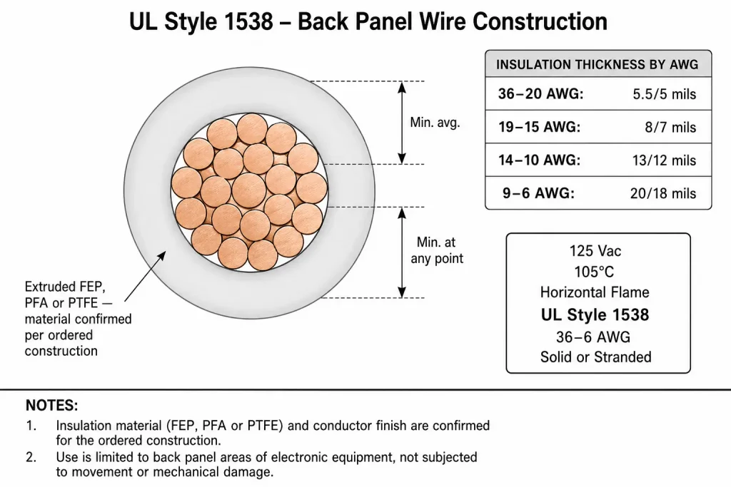 UL Style 1538 wire cross-section diagram showing conductor and FEP/PFA/PTFE insulation thickness by AWG bracket