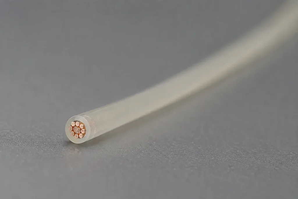 Macro cross-section of UL 1707 PFA wire showing fine conductor and thin extruded PFA insulation wall