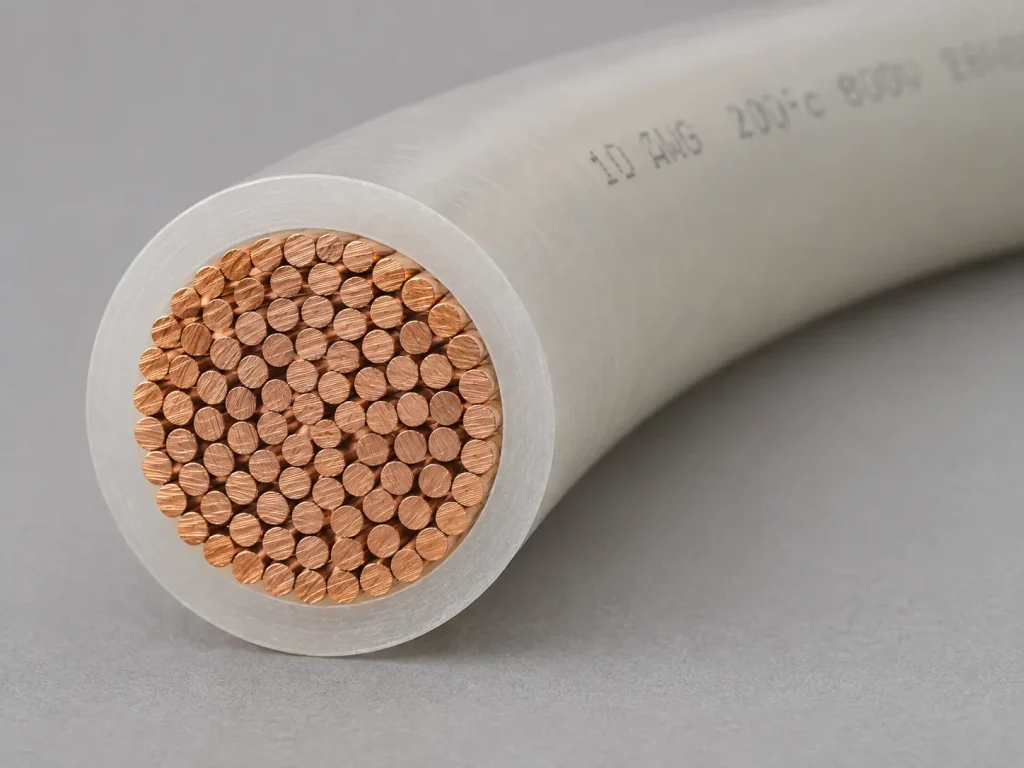 Macro cross-section of UL 1727 10 AWG PFA power wire showing stranded conductor and extruded PFA insulation wall
