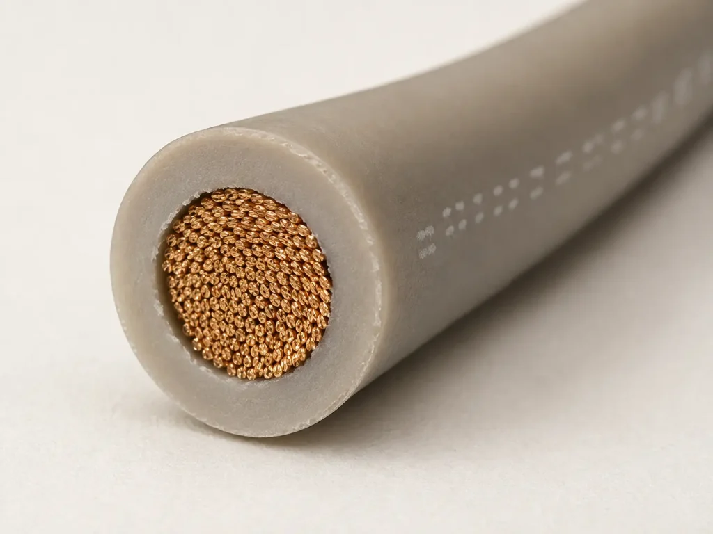 Macro cross-section of UL 3071 18 AWG silicone power wire showing stranded conductor and extruded SR wall