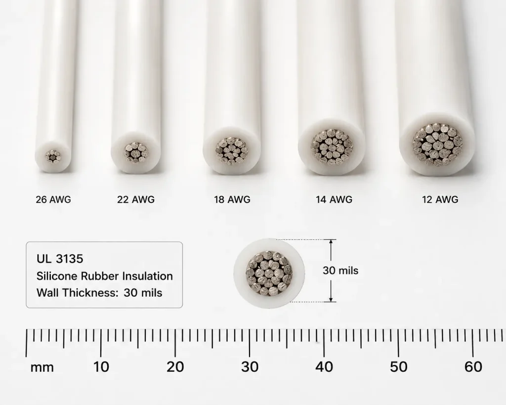 UL 3135 silicone rubber wire cross section 30 mil wall 26 to 12 AWG bare silicone no braid