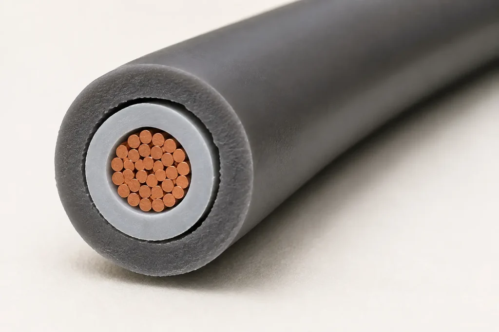 Macro cross-section of UL 3582 cable showing conductor, fluoropolymer insulation layer, and silicone jacket layer
