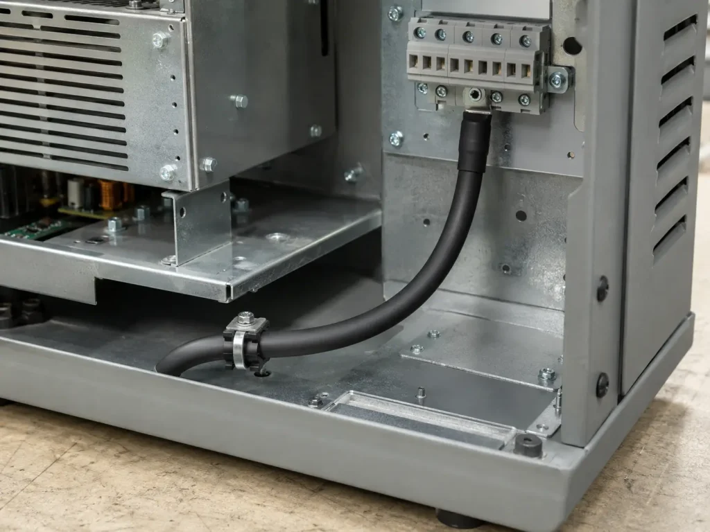 UL 3958 silicone rubber jacketed cable routed for protected internal power connection inside equipment