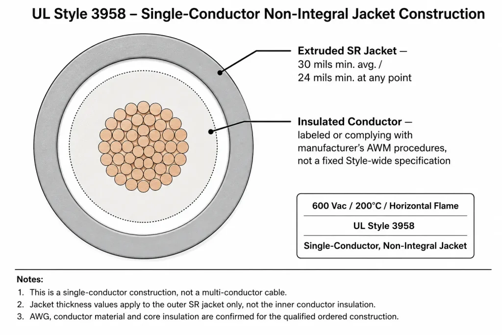 UL AWM Style 3958 single-conductor cable with non-integral extruded silicone rubber jacket, 200°C 600 Vac, for internal wiring
