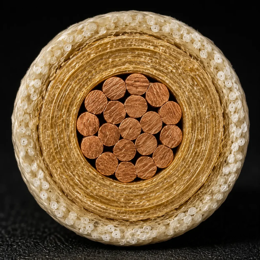 Macro cross-section UL 5107 mica tape crystalline layered insulation copper conductor