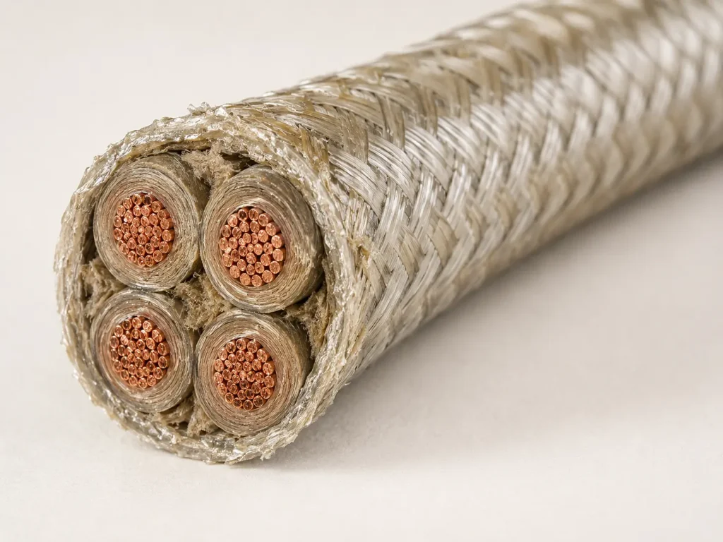 Macro cross-section of UL 5107 multi-core cable showing multiple mica-tape-insulated conductors bundled under an overall glass braid
