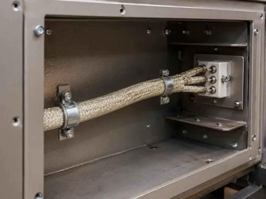 UL 5107 multi-core mica glass braid cable routed as protected internal wiring inside high-temperature equipment
