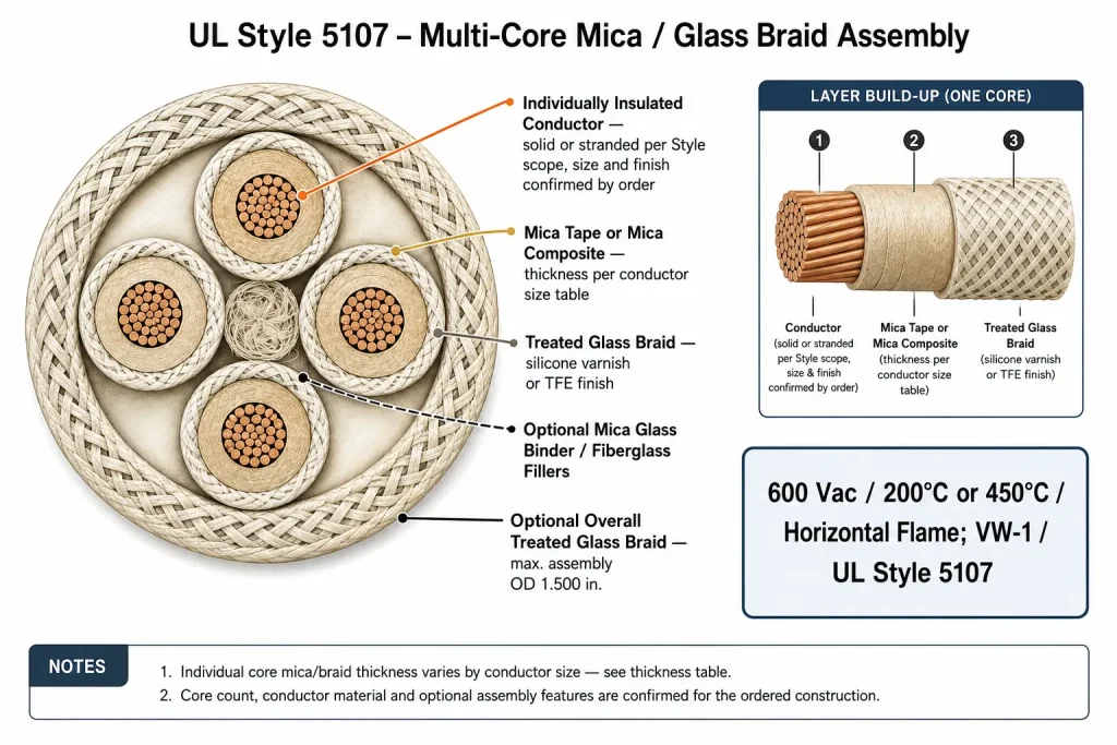 UL Style 5107 multi-core cable cross-section diagram showing individual mica-insulated conductors, treated glass braid and overall assembly