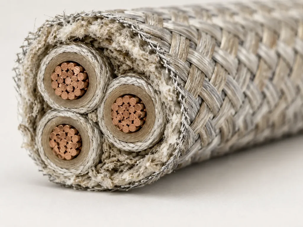 Macro cross-section of UL 5128 multi-core cable showing multiple mica-tape-insulated conductors bundled under an overall glass braid