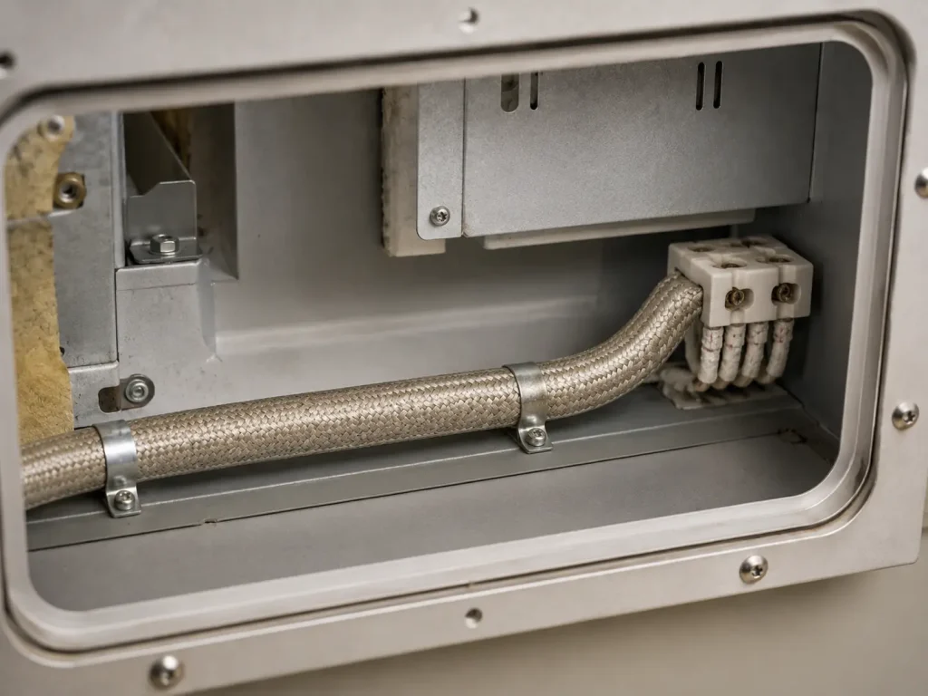 UL 5128 multi-core mica glass braid cable routed as protected internal wiring inside high-temperature equipment