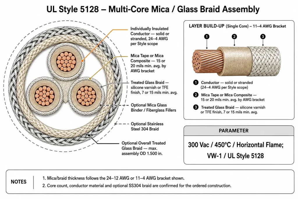 UL Style 5128 multi-core cable cross-section diagram showing individual mica-insulated conductors, treated glass braid and overall assembly