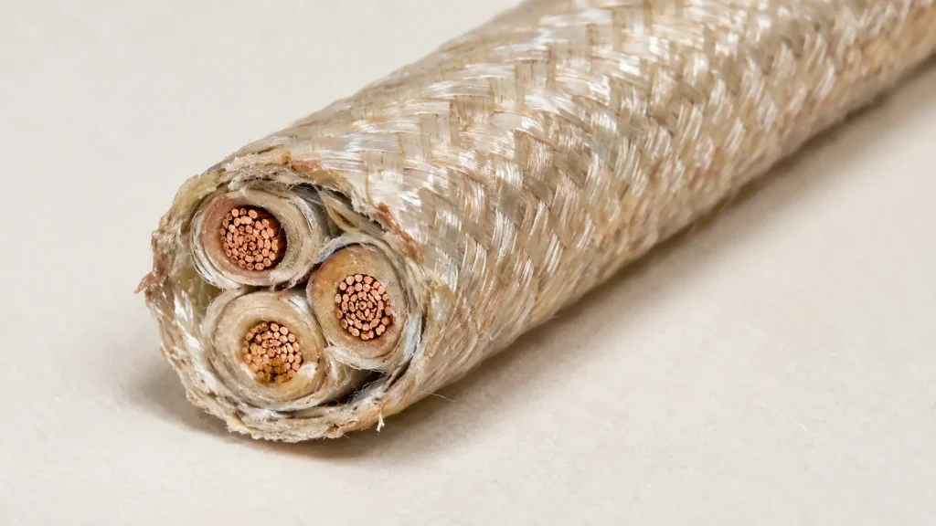 Macro cross-section of UL 5335 multi-core cable showing mica-tape-insulated conductors and overall treated glass braid layer