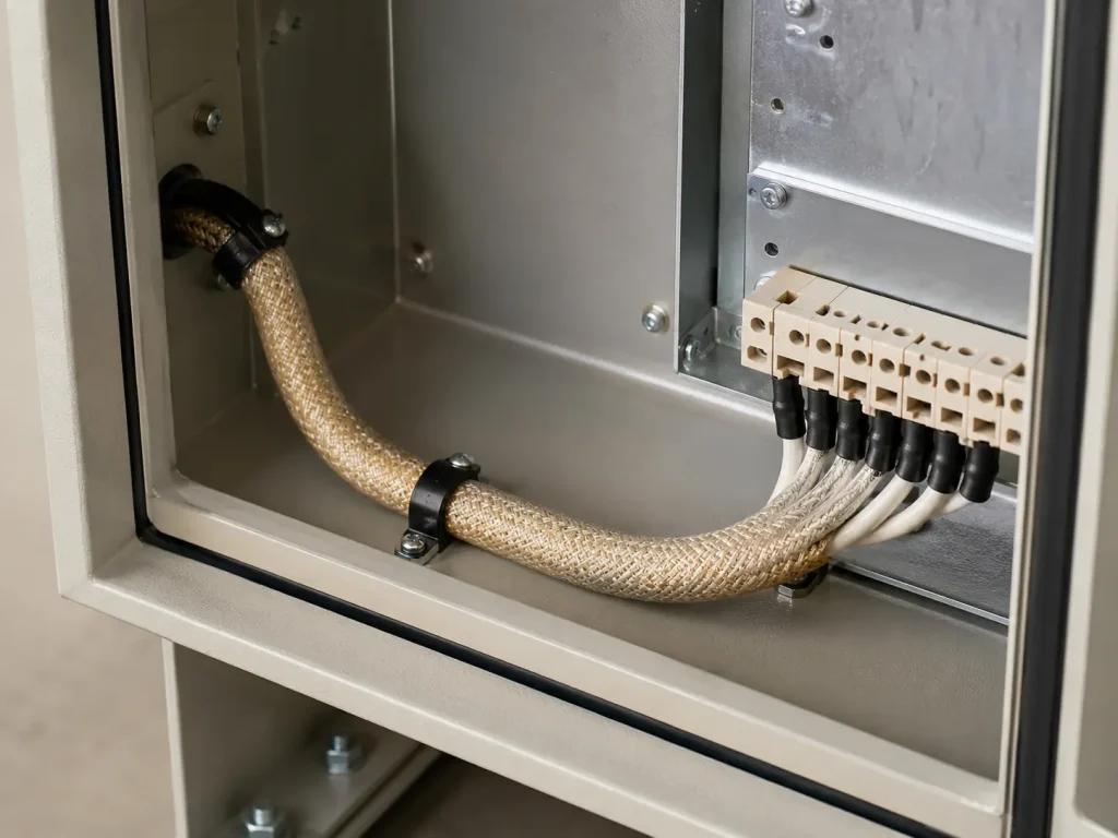 UL 5335 multi-core mica glass braid cable routed as protected internal wiring, mechanically protected installation