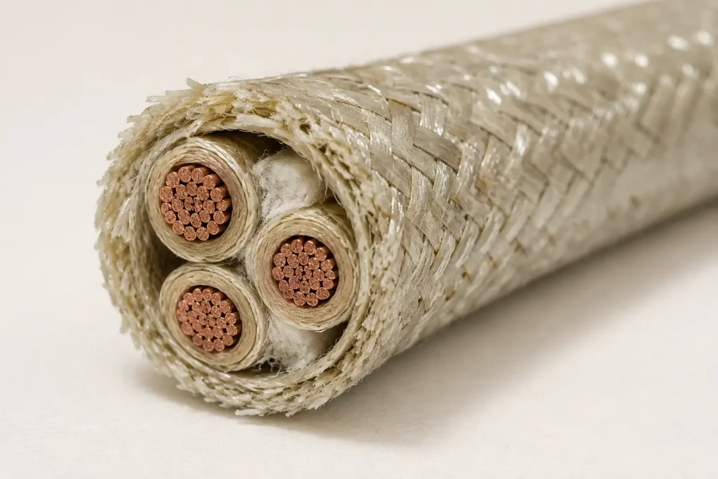 Macro cross-section of UL 5360 multi-core cable showing mica-tape-insulated conductors and treated glass braid layers