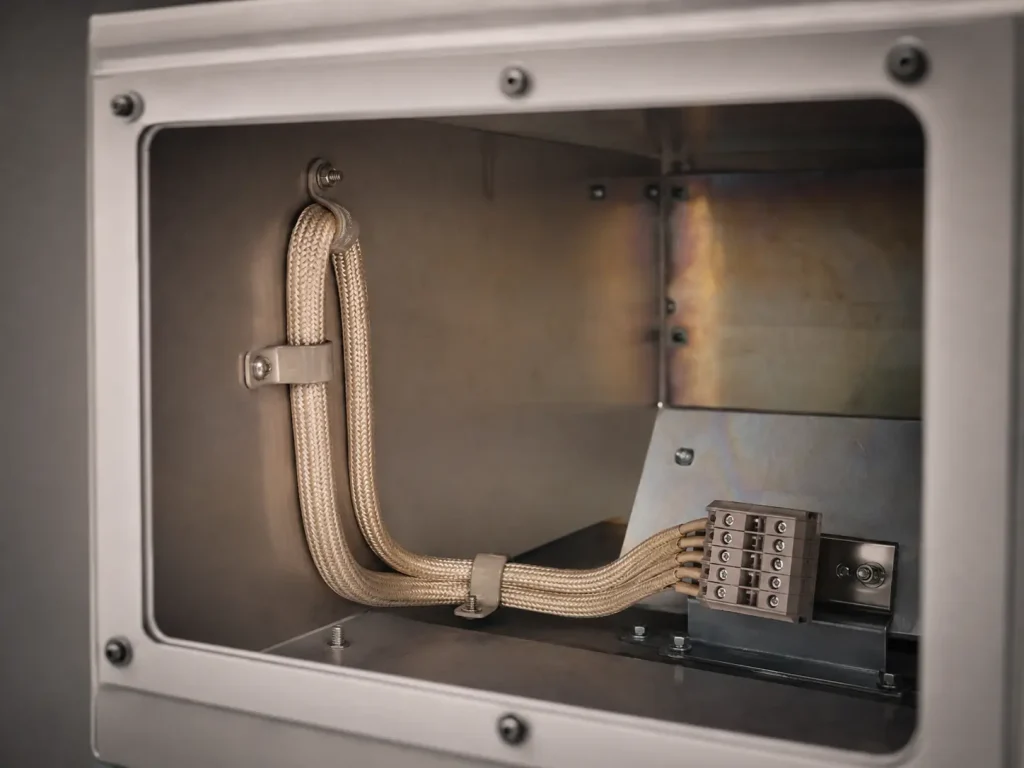 UL 5360 multi-core mica glass braid cable routed as protected internal wiring, mechanically protected high-temperature installation