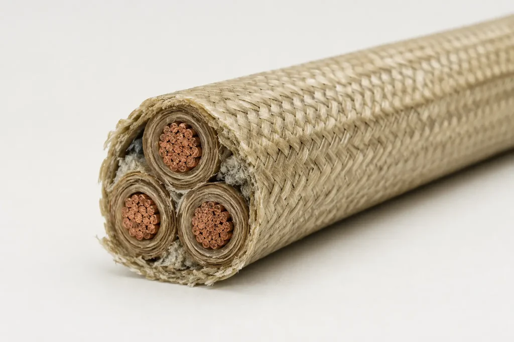 Macro cross-section of UL 5476 multi-core cable showing mica-tape-insulated conductors and treated glass braid layers
