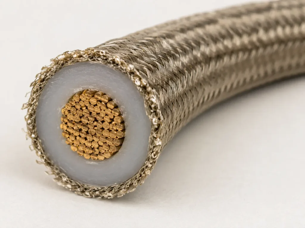 Macro cross-section of UL 3122 18 AWG silicone wire showing conductor, silicone insulation, and braid layer