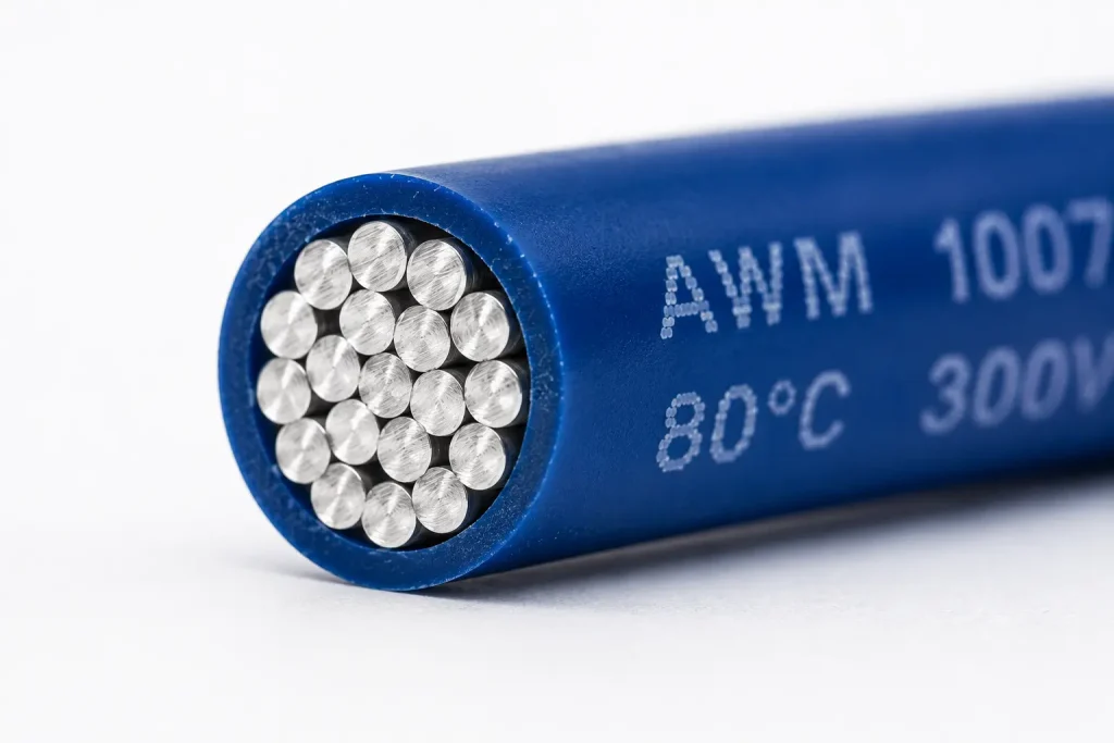 UL AWM Style 1007 18 AWG stranded tinned copper wire cut-end close-up showing 16-strand tinned conductor bundle and extruded PVC insulation wall per UL Subject 758