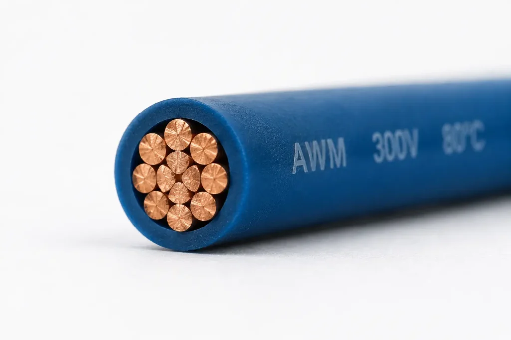 UL AWM Style 1007 PVC hook-up wire fine-gauge cut-end close-up showing stranded copper conductor and 15 mils extruded PVC insulation wall per UL Subject 758