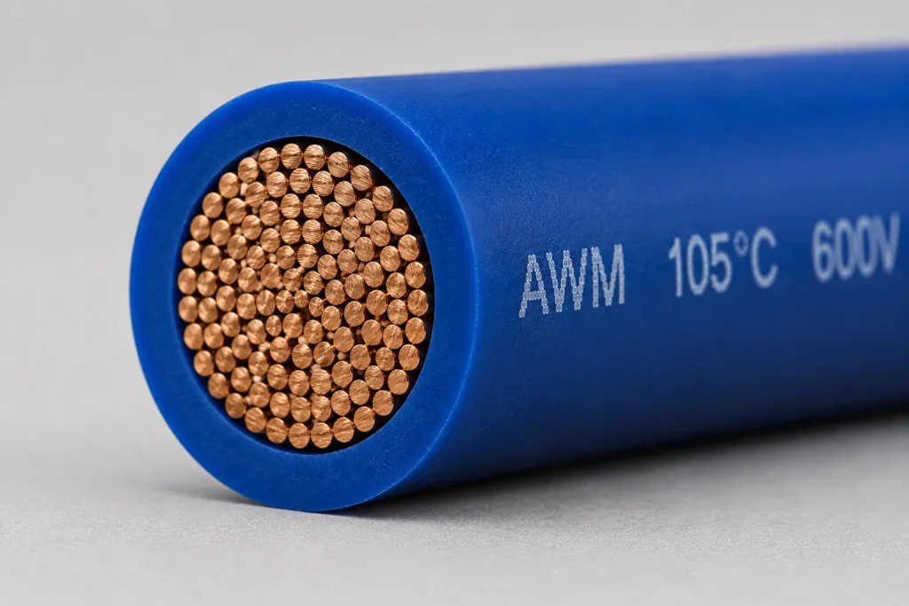 UL AWM Style 1015 10 AWG stranded PVC wire cut-end close-up showing multi-strand copper conductor bundle and extruded PVC insulation wall per UL Subject 758