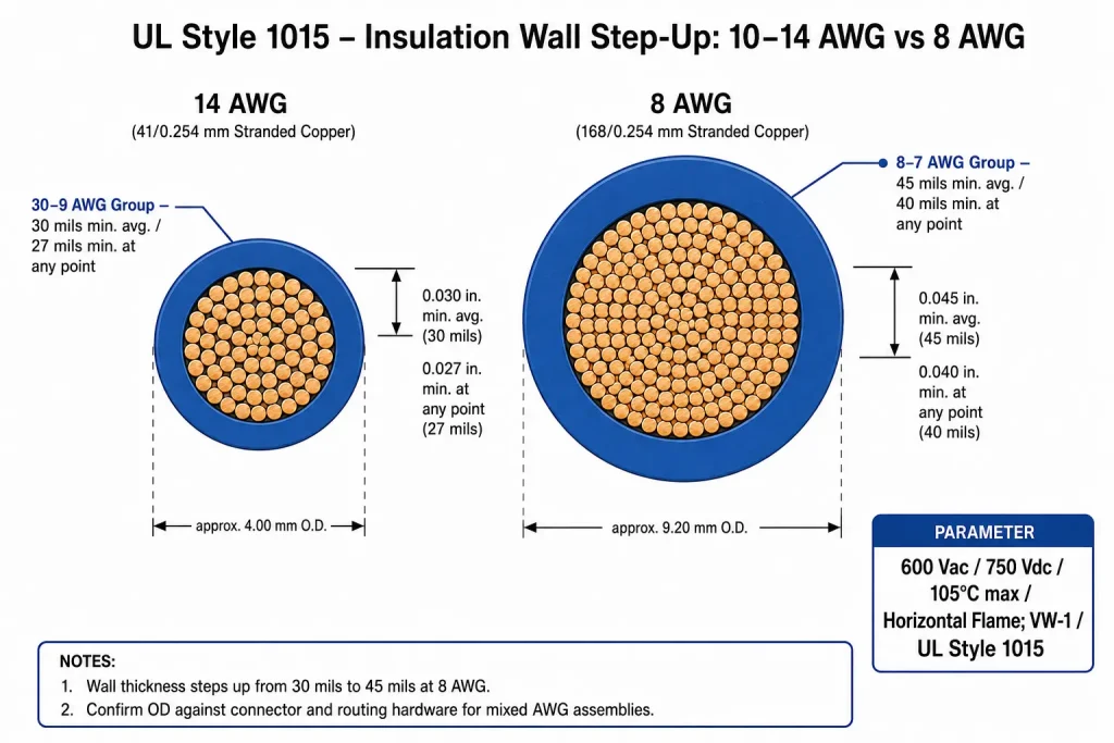 UL AWM Style 1015 cross-section technical diagram showing 8 AWG and 14 AWG insulation wall thickness step-up, stranded copper conductor and extruded PVC per UL Subject 758