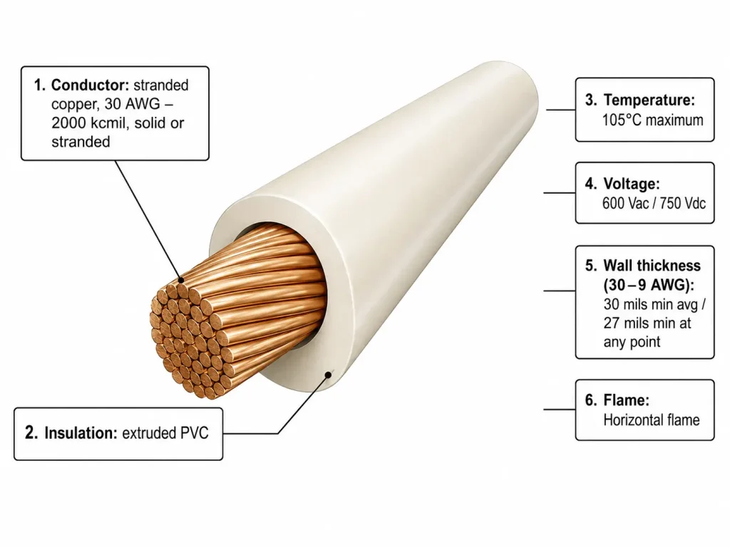 UL AWM Style 1015 cross-section technical diagram with callout lines showing stranded copper conductor, extruded PVC insulation wall thickness, and key ratings per UL Subject 758