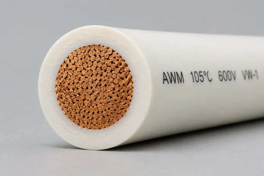 UL AWM Style 1015 PVC wire cut-end close-up showing stranded copper conductor and extruded PVC insulation wall per UL Subject 758