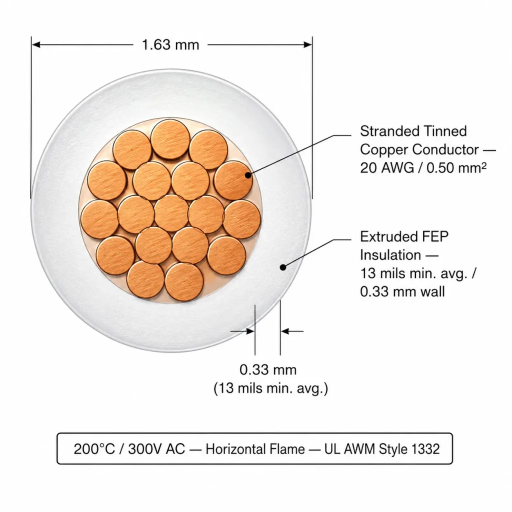 UL 1332 FEP wire technical cross-section diagram 20 AWG stranded copper FEP insulation 13 mils