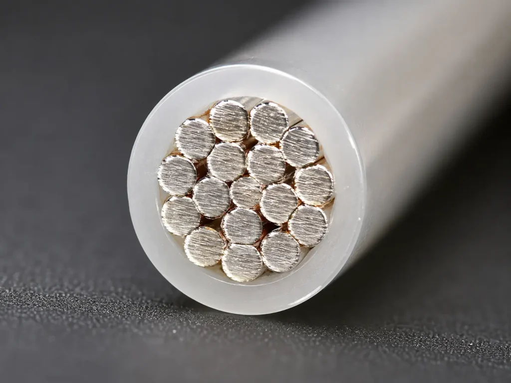 UL 1332 FEP wire freshly cut cross-section macro photo showing tinned copper strands and FEP insulation ring