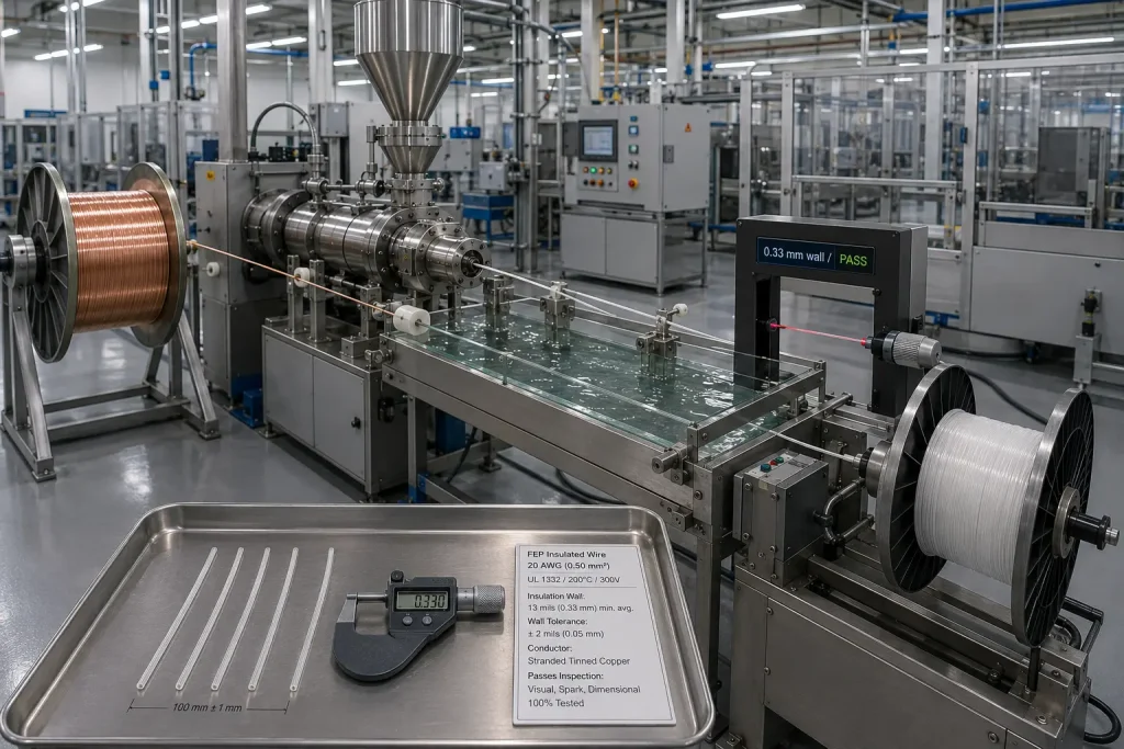 UL 1332 FEP wire fluoropolymer extrusion production line manufacturing facility wire drawing
