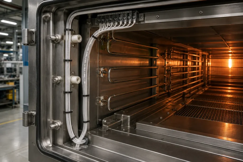 UL 1332 FEP wire routed as internal wiring inside industrial oven appliance 200°C high-temperature application