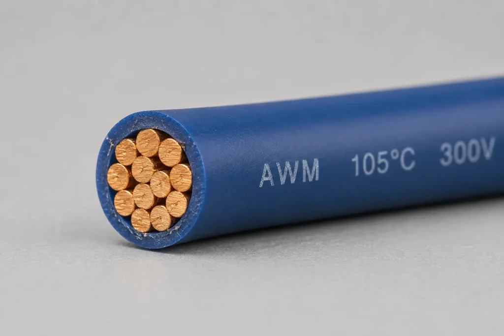 UL AWM Style 1569 PVC hook-up wire cut-end close-up showing stranded copper conductor and 15 mils extruded PVC insulation wall per UL Subject 758