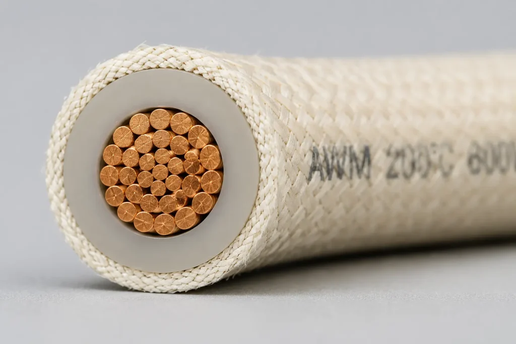 UL AWM Style 3071 silicone rubber fiberglass braid wire cut-end close-up showing stranded copper conductor, extruded SR insulation wall, and fiberglass braid covering per UL Subject 758