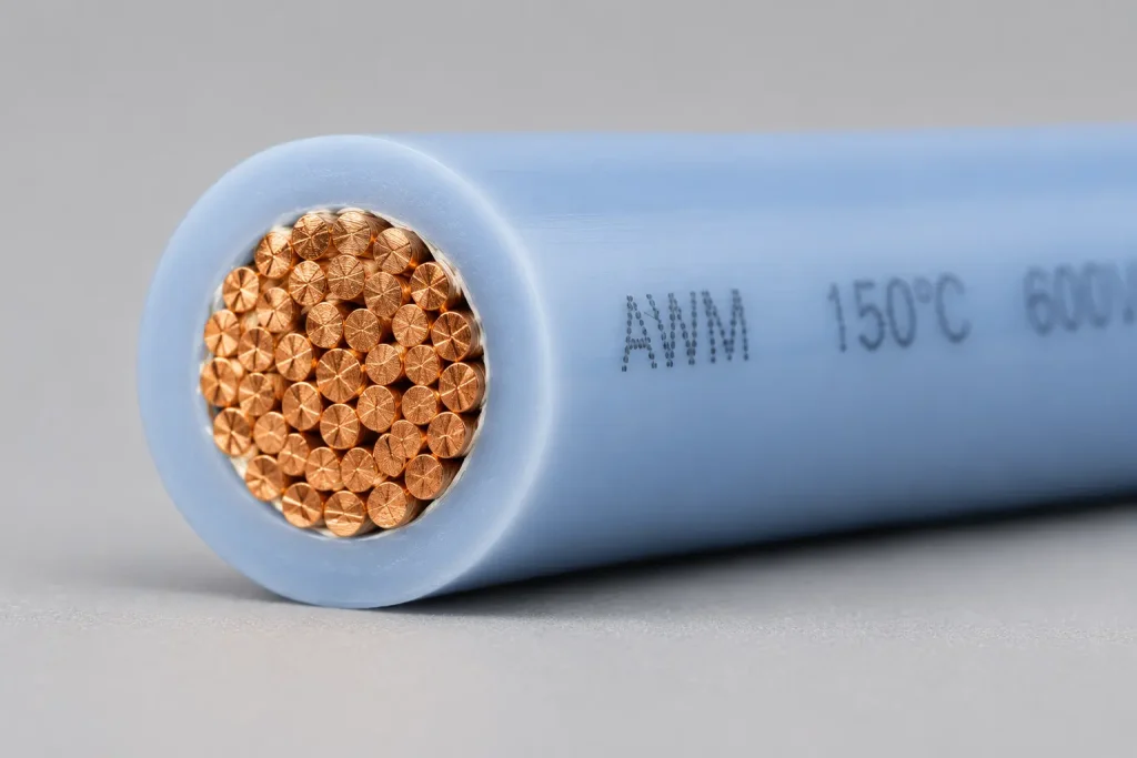 UL AWM Style 3321 XLPE wire cut-end close-up showing stranded copper conductor and extruded XLPE insulation wall per UL Subject 758