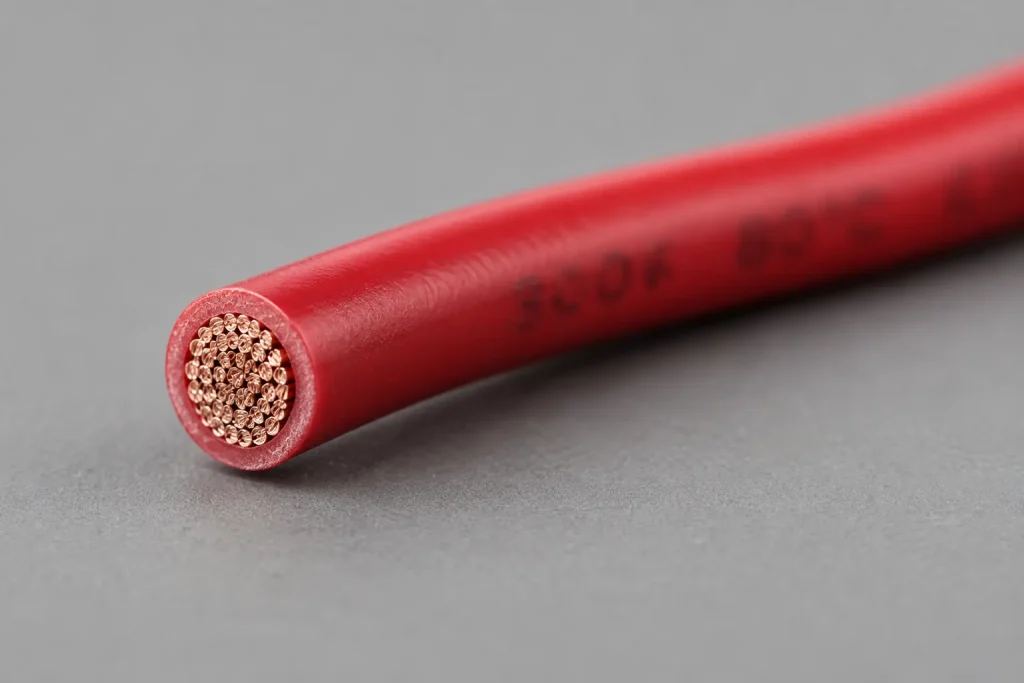 Macro cross-section of UL 1007 PVC lead wire showing fine stranded conductor and thin extruded PVC wall
