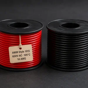 UL AWM Style 1015 14 AWG PVC wire red and black pair, 600V AC, 105°C, stranded tinned copper, internal wiring of appliances